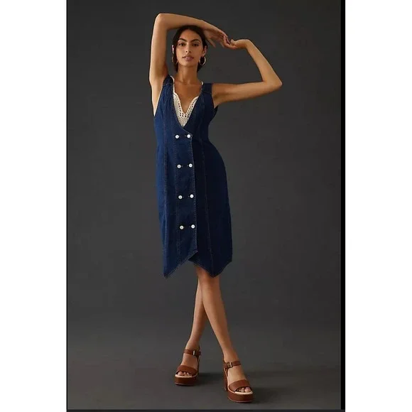Pilcro Anthropologie Women's Denim Dress Sleeveless Button Front Belted V-Neck - Picture 1 of 14